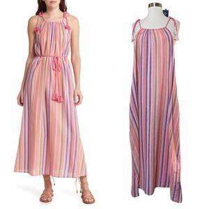 XIRENA Esme Stripe Cotton Dress In Citrus Melange Tie Straps Pockets Large NWT